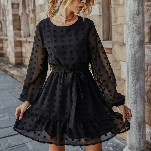 ruffle hem swiss dot waist tie sheer sleeve dress - Picture 3 of 5